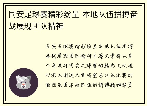 同安足球赛精彩纷呈 本地队伍拼搏奋战展现团队精神