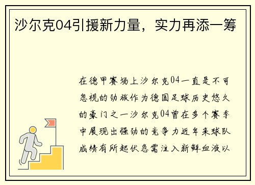 沙尔克04引援新力量，实力再添一筹