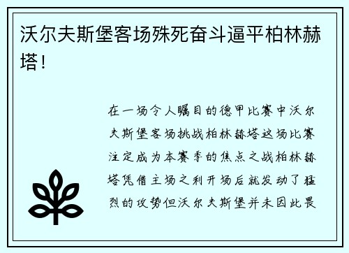 沃尔夫斯堡客场殊死奋斗逼平柏林赫塔!
