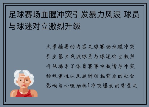 足球赛场血腥冲突引发暴力风波 球员与球迷对立激烈升级