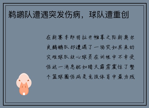 鹈鹕队遭遇突发伤病,球队遭重创