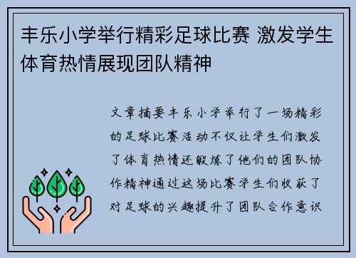 丰乐小学举行精彩足球比赛 激发学生体育热情展现团队精神