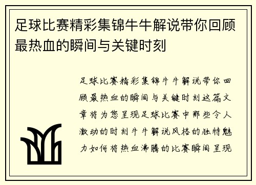 足球比赛精彩集锦牛牛解说带你回顾最热血的瞬间与关键时刻