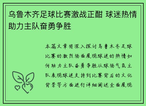 乌鲁木齐足球比赛激战正酣 球迷热情助力主队奋勇争胜