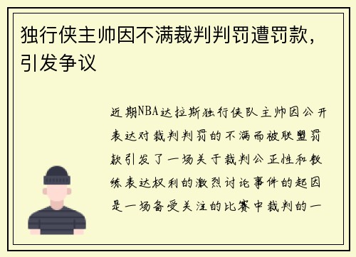 独行侠主帅因不满裁判判罚遭罚款，引发争议