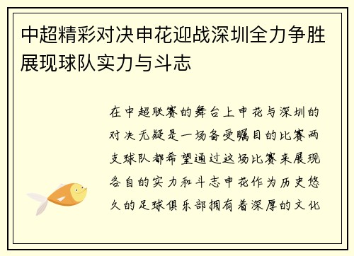 中超精彩对决申花迎战深圳全力争胜展现球队实力与斗志
