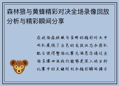 森林狼与黄蜂精彩对决全场录像回放分析与精彩瞬间分享