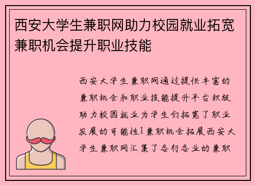 西安大学生兼职网助力校园就业拓宽兼职机会提升职业技能