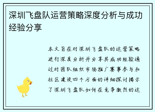 深圳飞盘队运营策略深度分析与成功经验分享