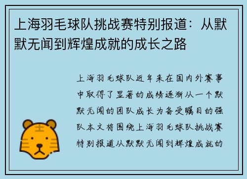 上海羽毛球队挑战赛特别报道：从默默无闻到辉煌成就的成长之路
