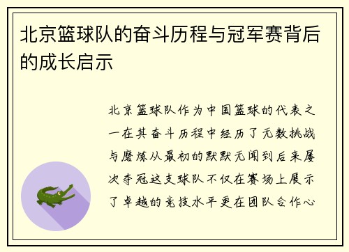 北京篮球队的奋斗历程与冠军赛背后的成长启示