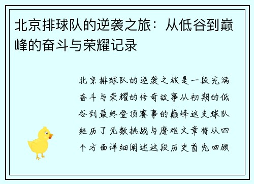 北京排球队的逆袭之旅：从低谷到巅峰的奋斗与荣耀记录